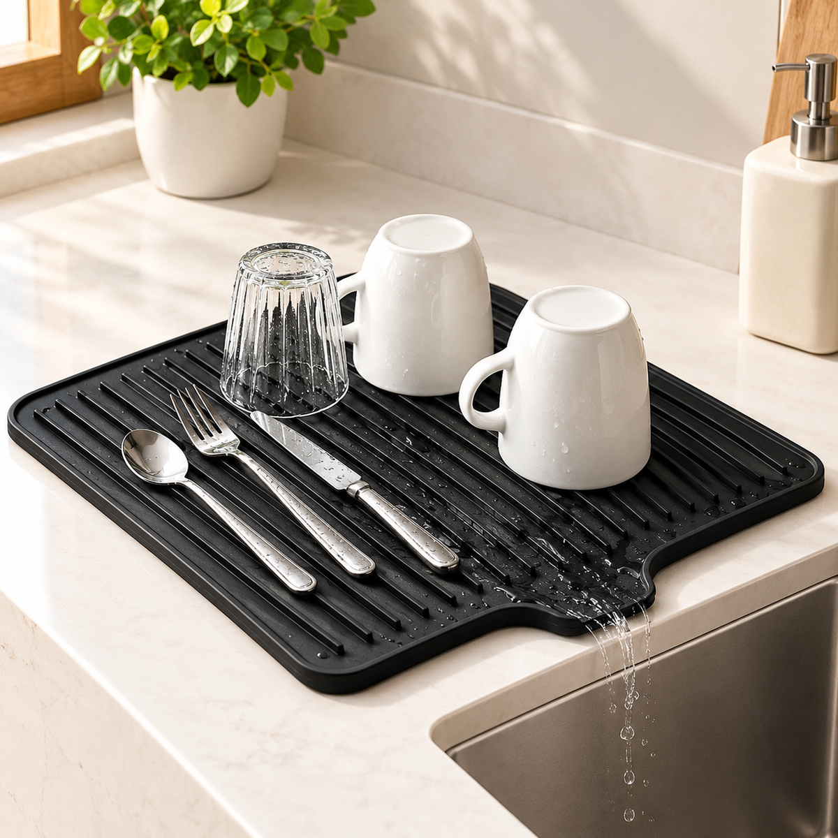 LUMA Kitchen Drying Mat – Black Ribbed Dish Draining Mat with Smart Sink Drainage